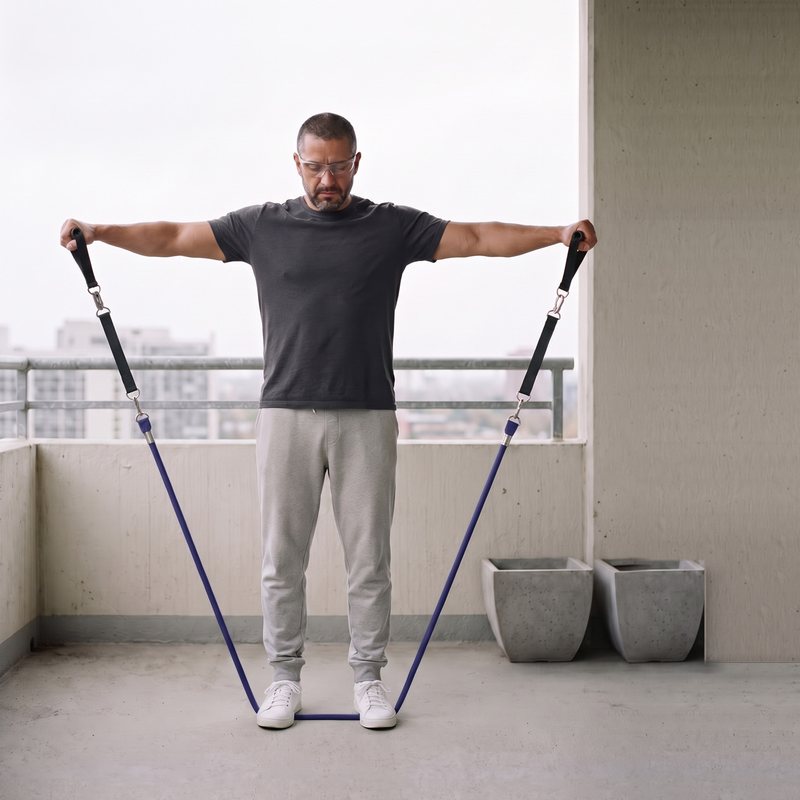 Man on a balcony doing a lateral raise on the purple Evenhold tube, extenders clipped in