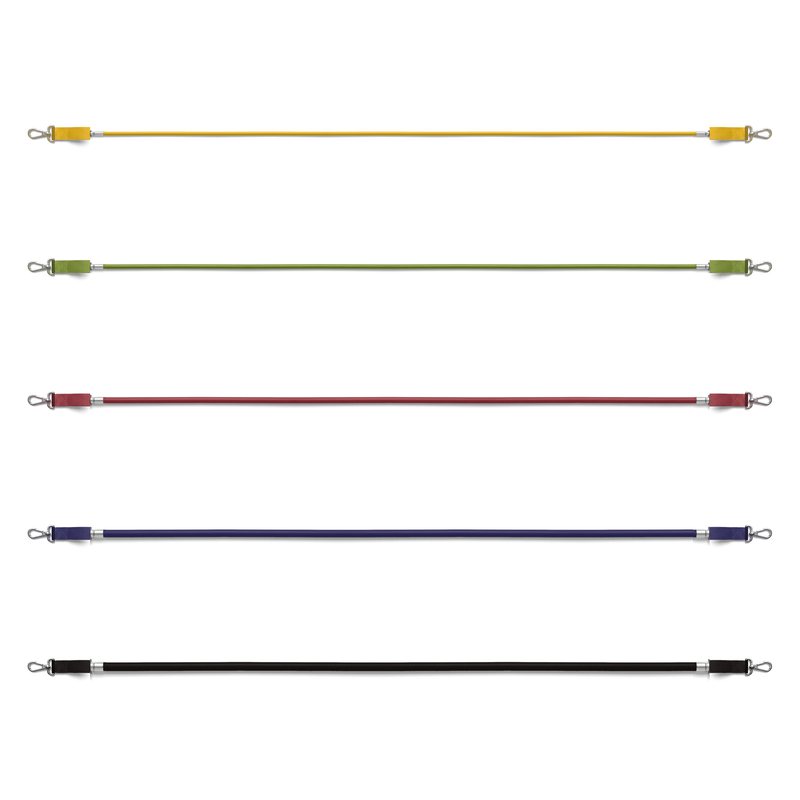 Five Evenhold tubes laid straight, yellow, green, red, purple and black, light to dark