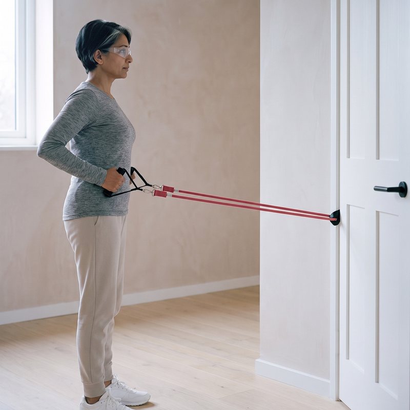 Woman rowing the red Evenhold tube from an anchor on the hinge side of a closed door