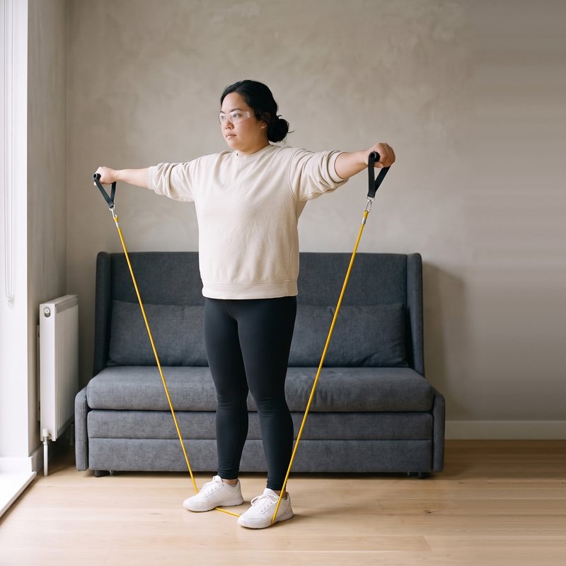 Woman in a small studio doing a lateral raise on the yellow Evenhold tube