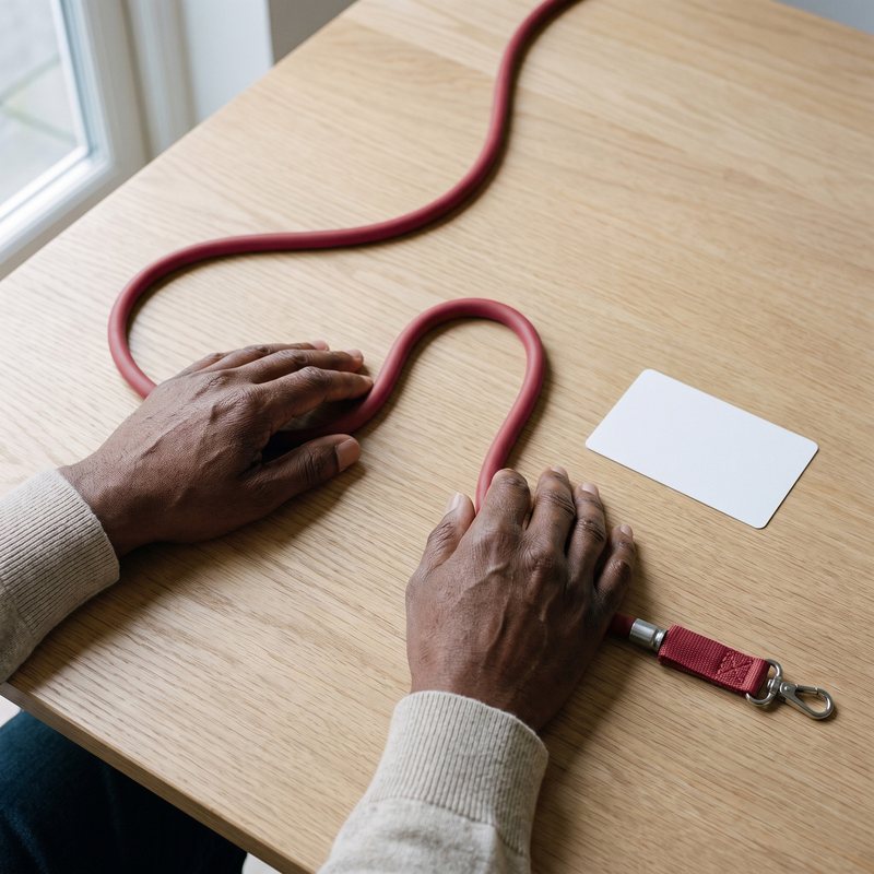 Hands bending the red Evenhold tube in a loop on a kitchen table, a card beside it