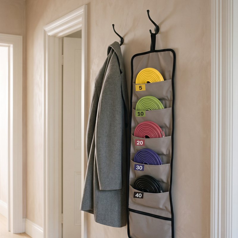 Evenhold roll case on a hallway hook, five tubes coiled in pockets marked with their numbers