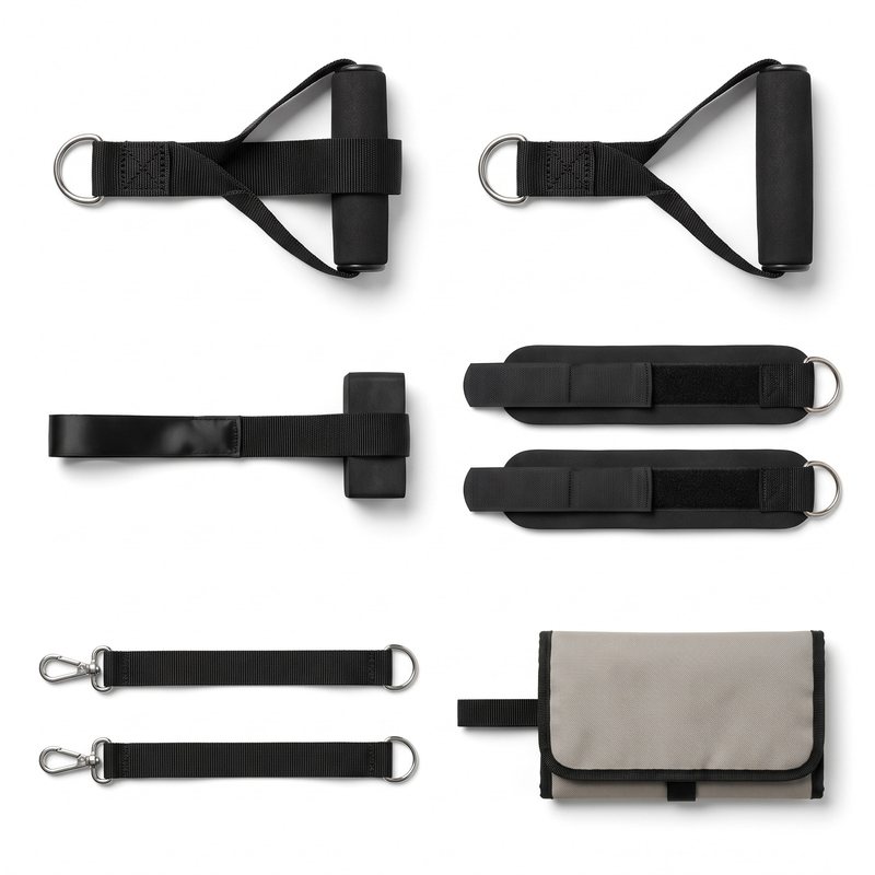 Evenhold handles, ankle straps, extenders, door anchor and roll case on white