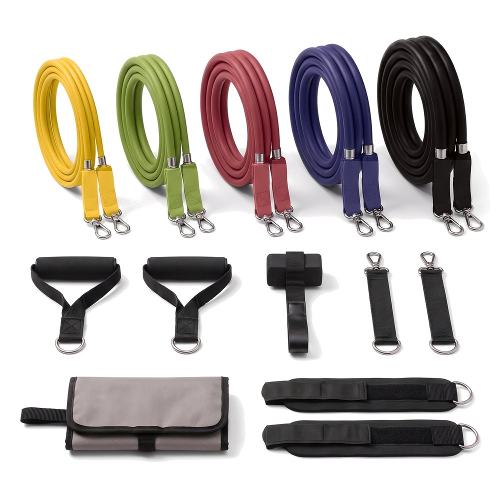 Evenhold set on white: five coiled tubes yellow to black, handles, straps, extenders, anchor, case