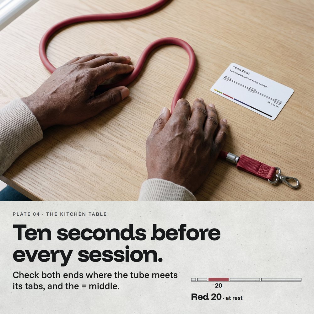 AI-generated hands holding a red Evenhold tube in a loop on a table, wear card beside