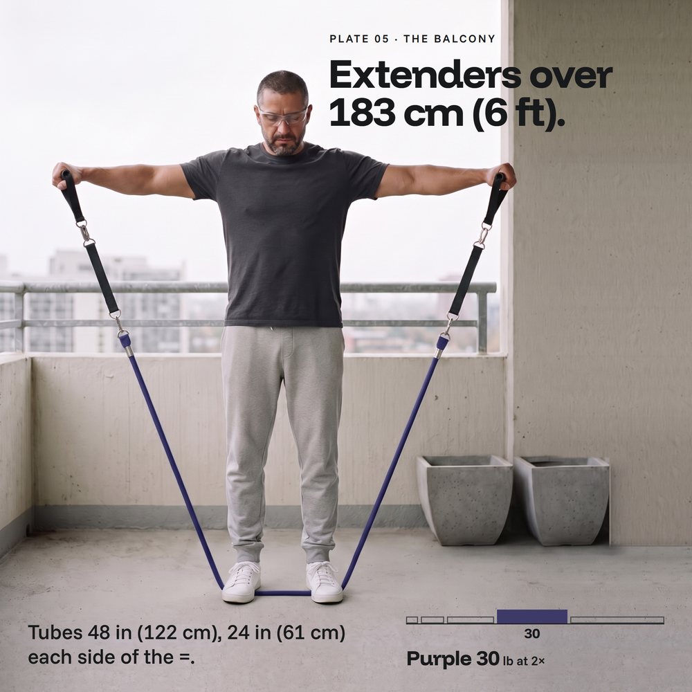 AI-generated tall man on a balcony, lateral raise on a purple Evenhold tube, extenders clipped in