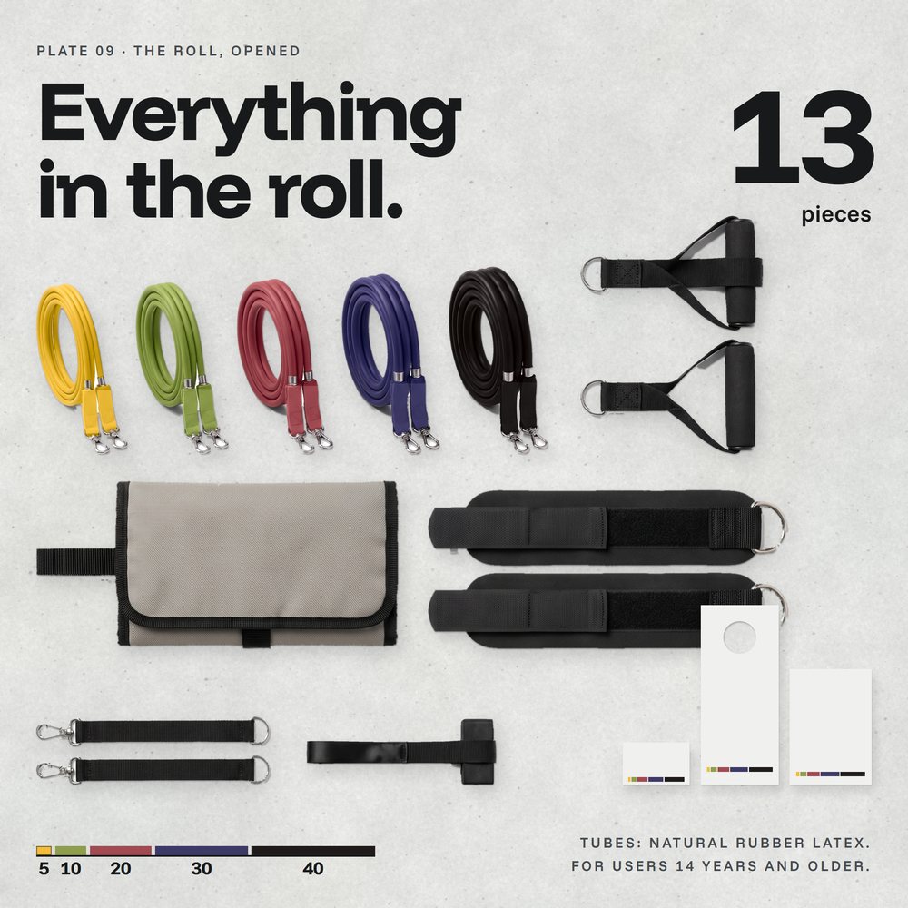 Evenhold set laid out on concrete: five coiled tubes, handles, ankle straps, extenders, anchor, case