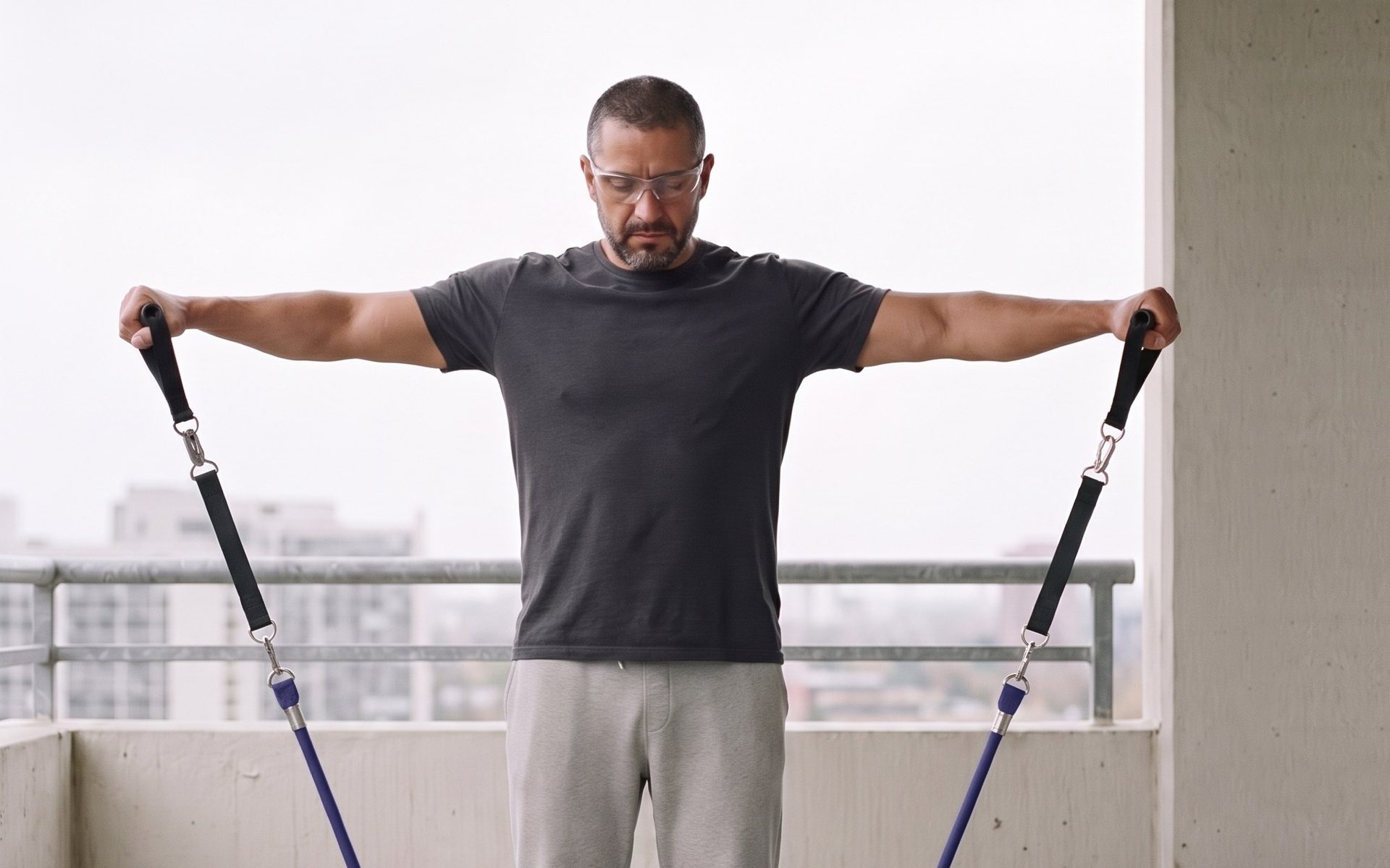 A man on a balcony doing a lateral raise on a purple Evenhold tube with extenders clipped in