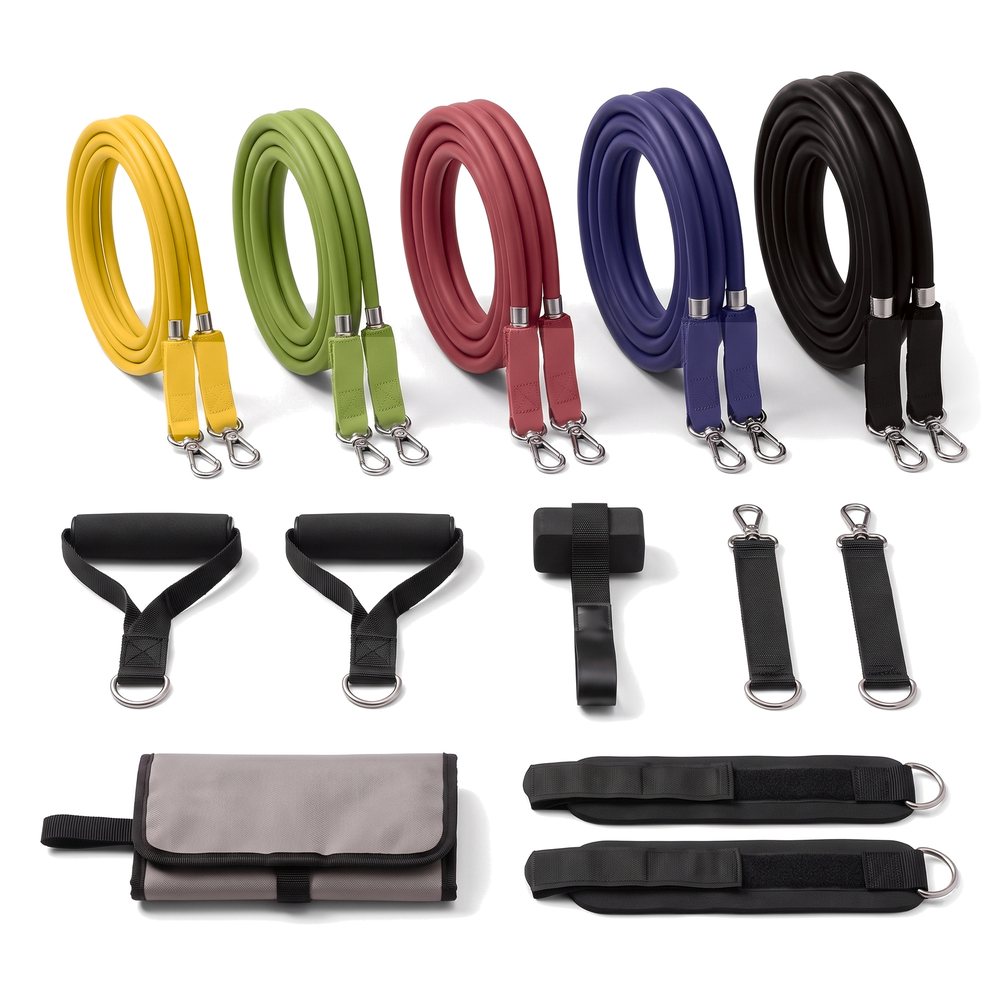 Evenhold set on white: five coiled tubes yellow to black, handles, straps, extenders, anchor, case