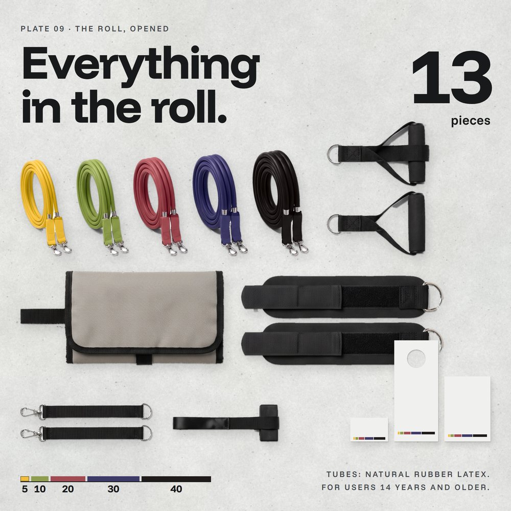 Evenhold set laid out on concrete: five coiled tubes, handles, ankle straps, extenders, anchor, case
