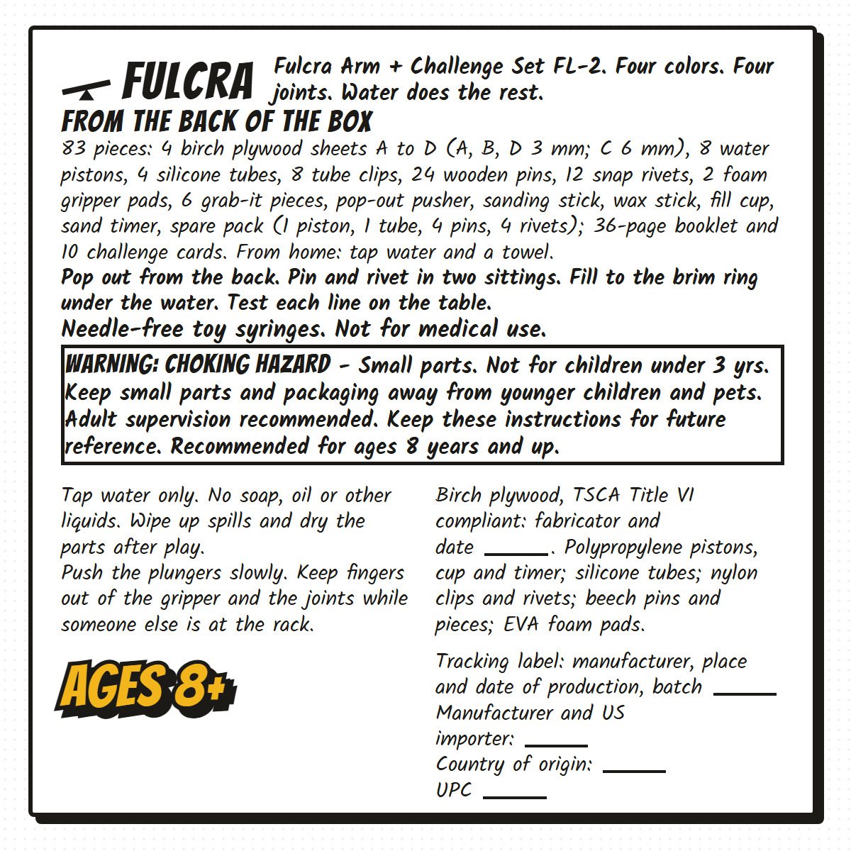 The back of the Fulcra box: contents, warnings, age, tracking label and country of origin fields