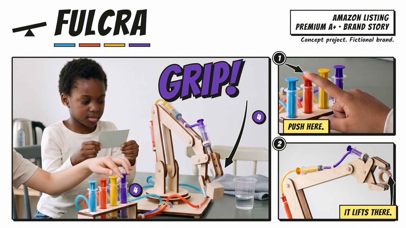 The issue's cover: the FULCRA mark with four stripes in the line colors; a large panel with a child holding a challenge card, a second child's fingers on the violet plunger, the arm setting down a cube, the word GRIP and an arrow; on the right the panels 'PUSH HERE.' and 'IT LIFTS THERE.'