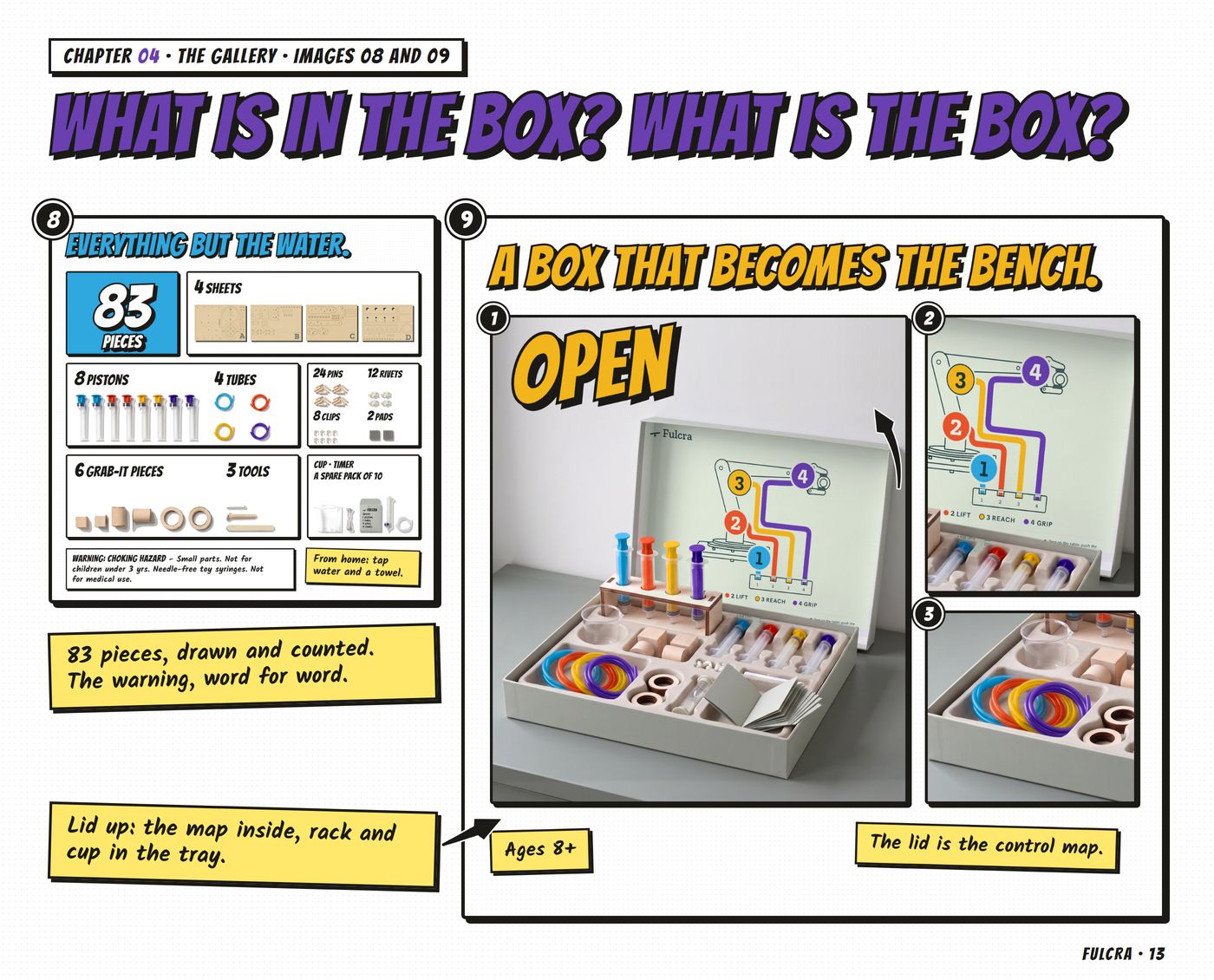 Tiles 08 and 09 under 'What is in the box? What is the box?': 83 pieces drawn and counted, the warning word for word; the lid with the map, and the tray