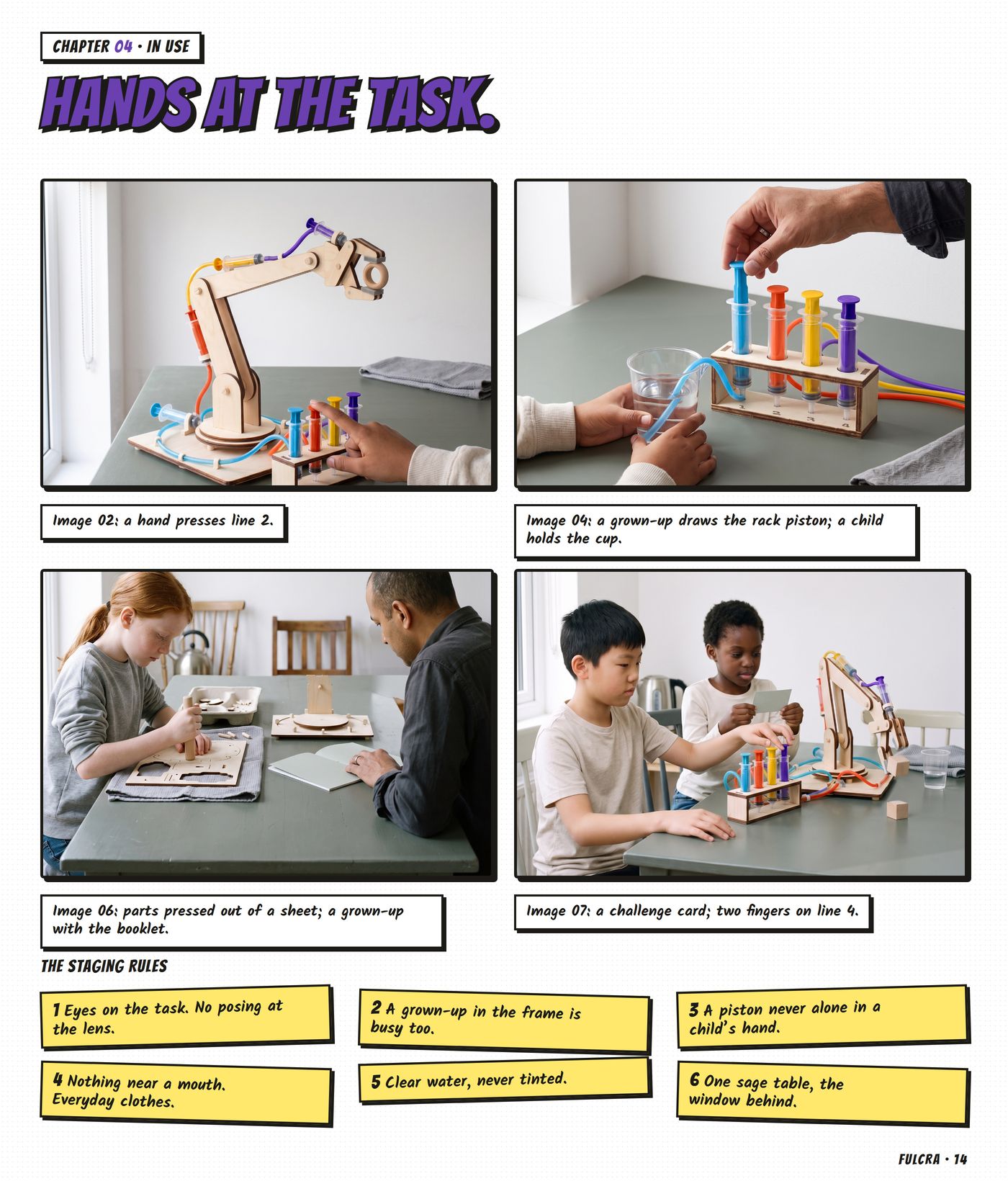 Chapter 04, 'Hands at the task.': four frames with people as 2 x 2 panels with captions, and six staging rules on yellow stickies