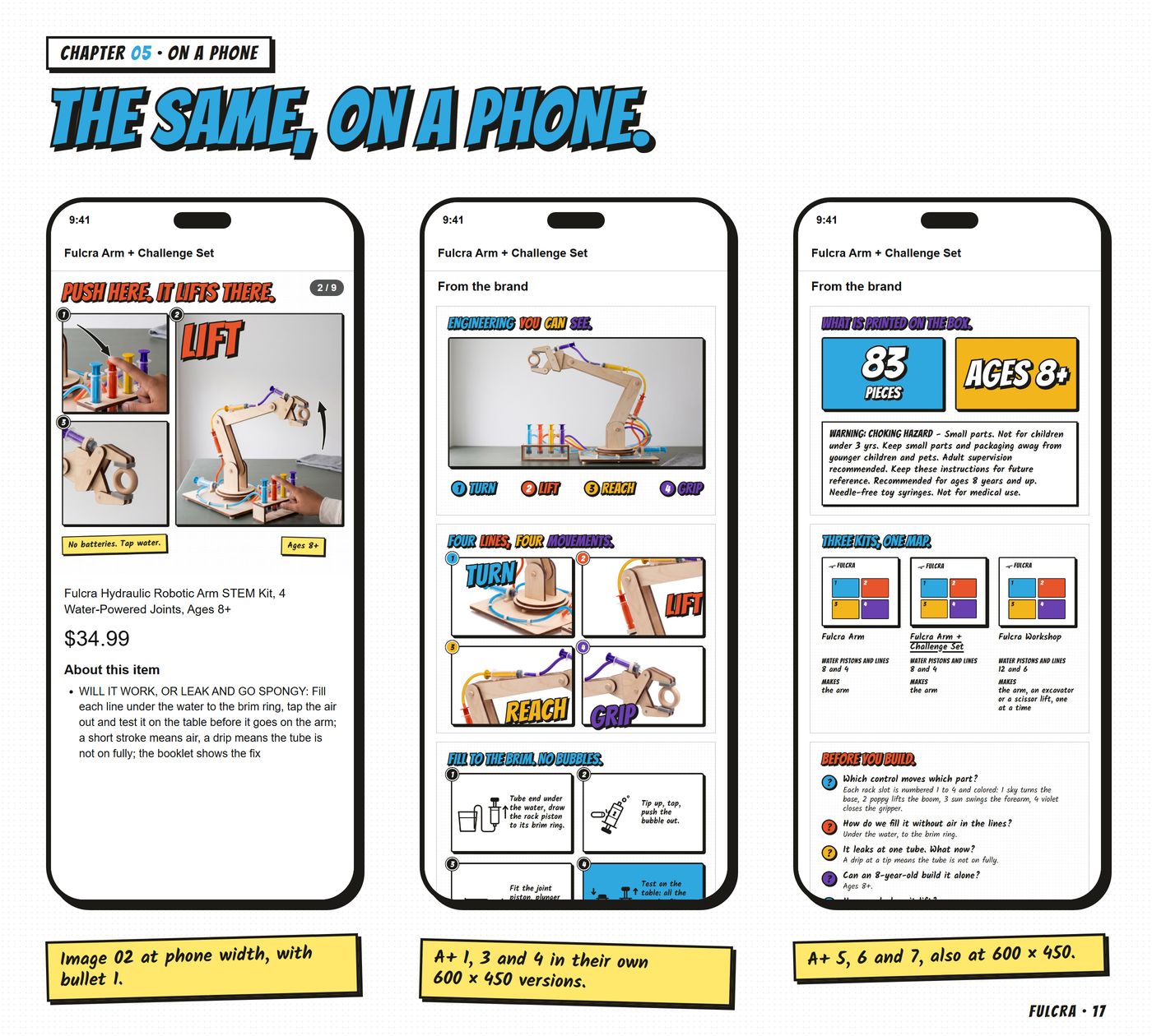 Chapter 05, 'The same, on a phone.': three phones, tile 02 with the price and first bullet, and the A+ mobile variants