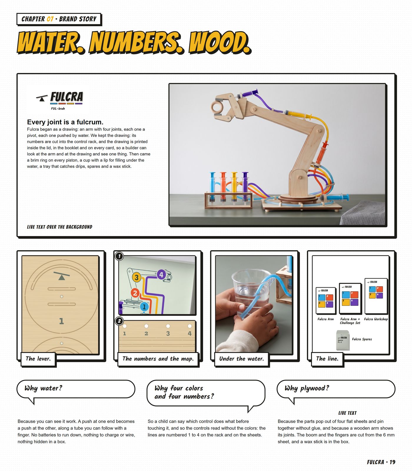 Chapter 07, Brand Story, 'Water. Numbers. Wood.': the arm by the window as the background, the mark and live text, four captioned cards and three questions in balloons