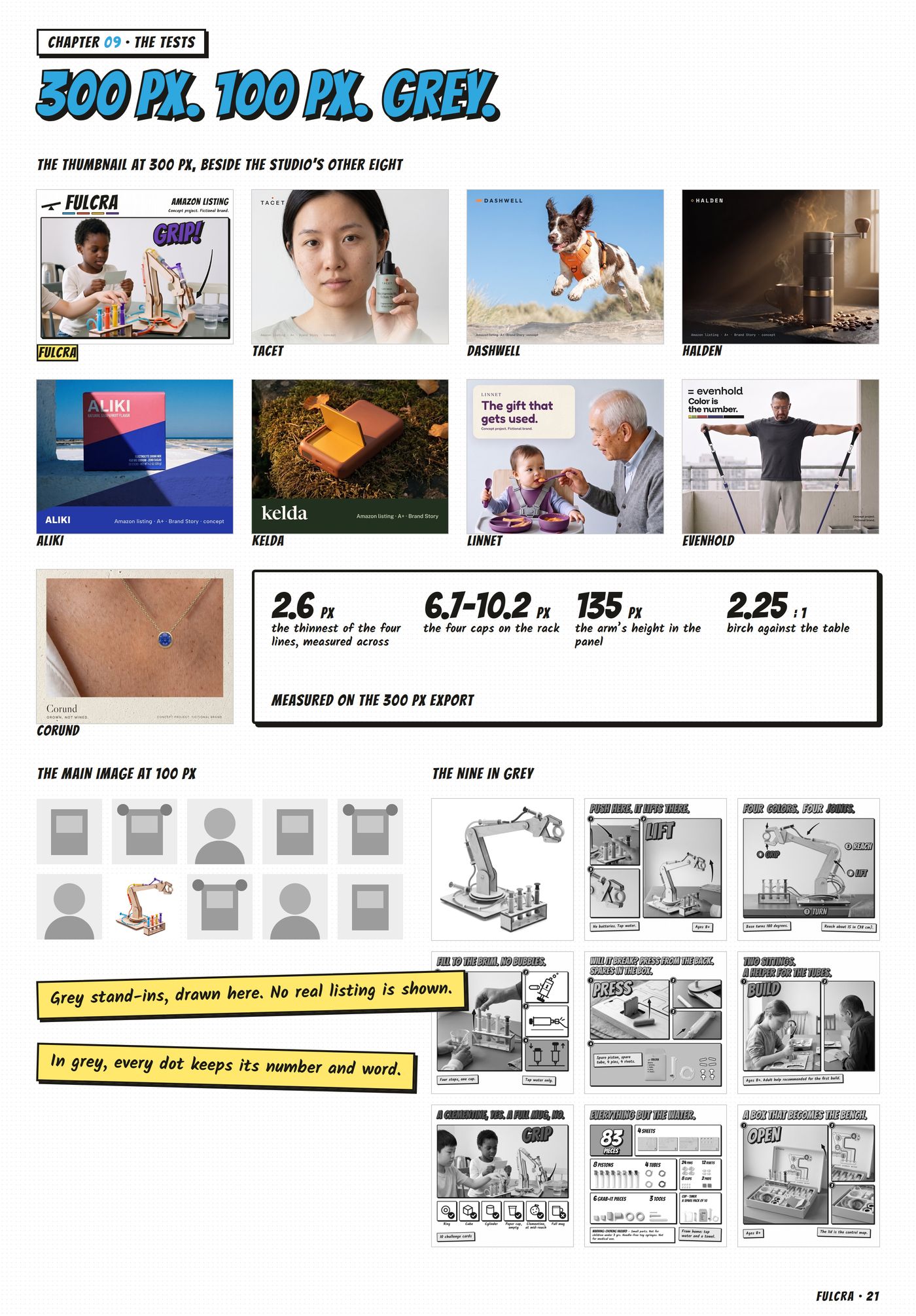 Chapter 09, checks, '300 px. 100 px. Grey.': the thumbnail beside the studio's eight other thumbnails and its measurements, the main image at 100 px among gray stand-ins, the nine tiles in gray
