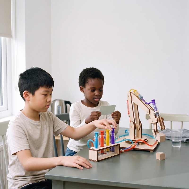 Two children at a kitchen table with the Fulcra arm and its wooden cubes, a challenge card in hand