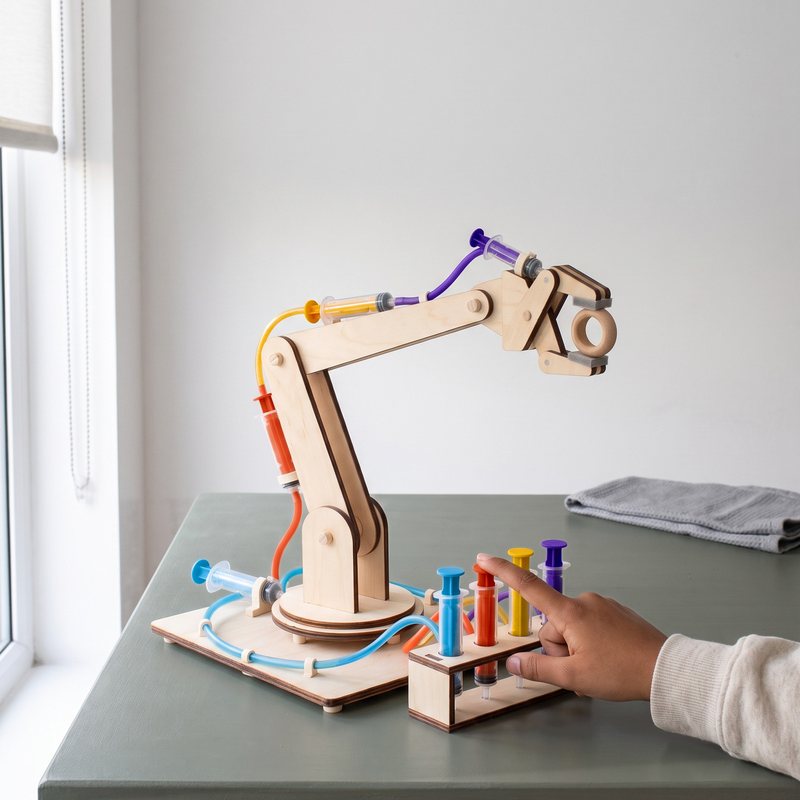 A child's hand on the rack of the Fulcra arm as it lifts a wooden ring by the window