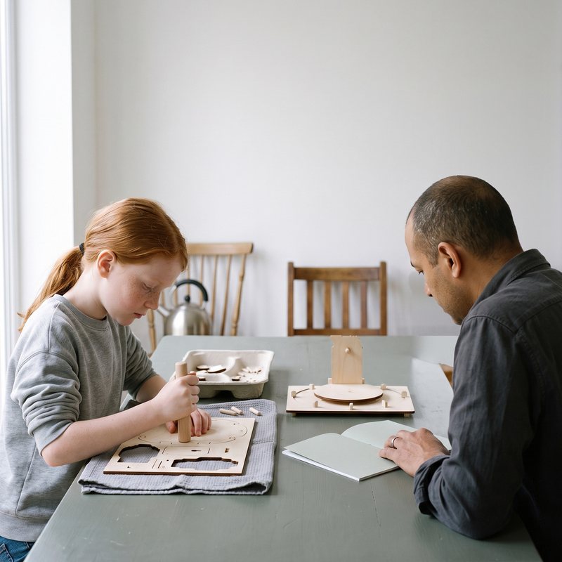 A girl pressing a part out of a plywood sheet while her father reads the booklet