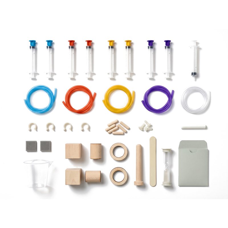 Fulcra parts on white: eight water pistons, four colored tubes, clips, pins, rivets, grab-it pieces, cup and timer