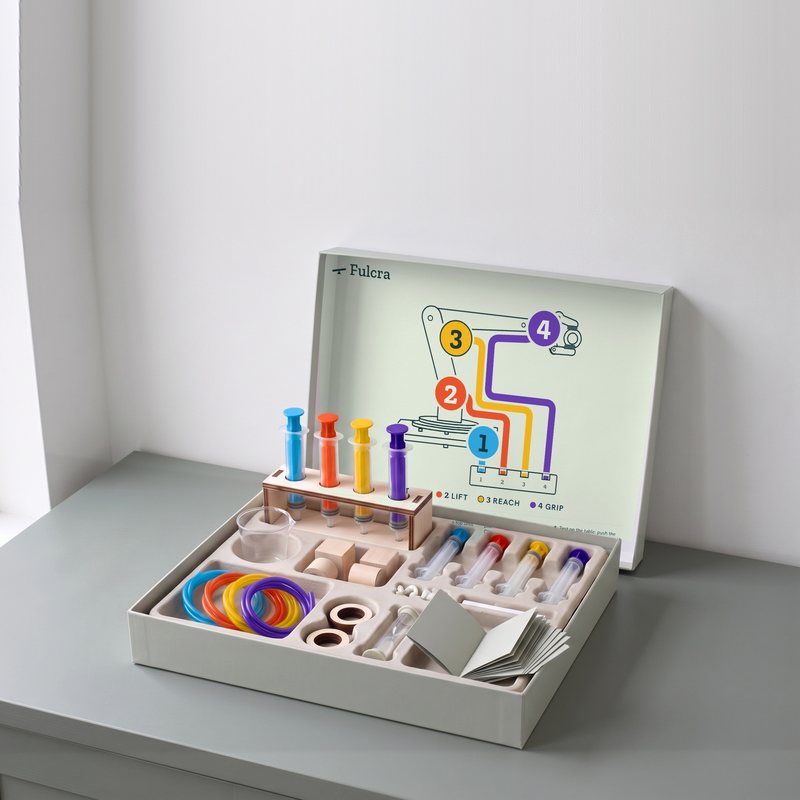 The open Fulcra box: the control map inside the lid, the rack and cup in the tray, booklet and cards