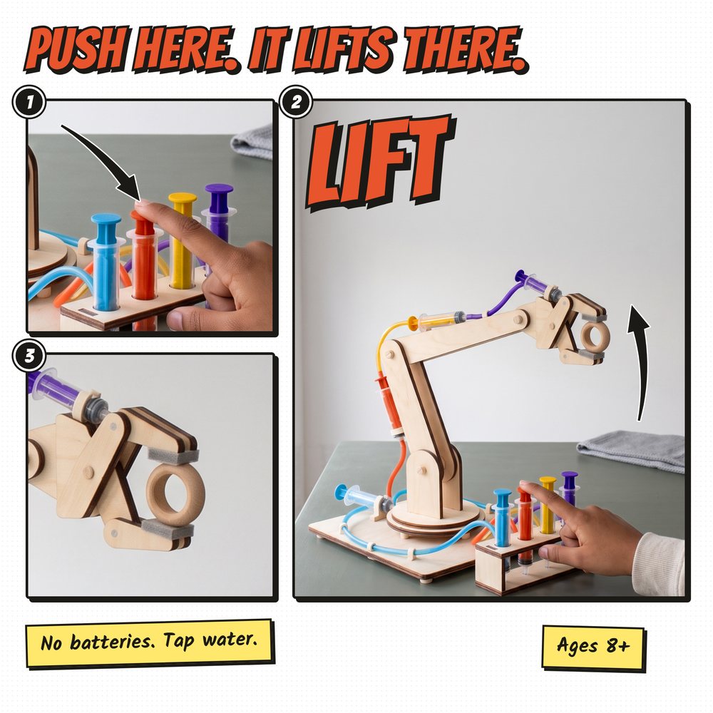 AI-generated child's hand on the rack of the Fulcra arm as it lifts a wooden ring by the window