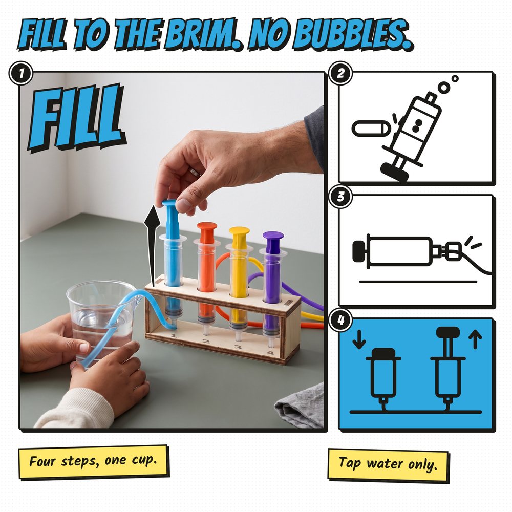 AI-generated hands filling a Fulcra water piston in its rack from the cup, three fill steps drawn