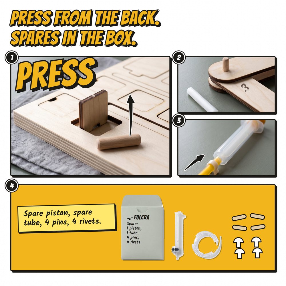 Three close-ups: a part pushed out of the sheet, wax on a pivot, a clipped tube; spare pack below