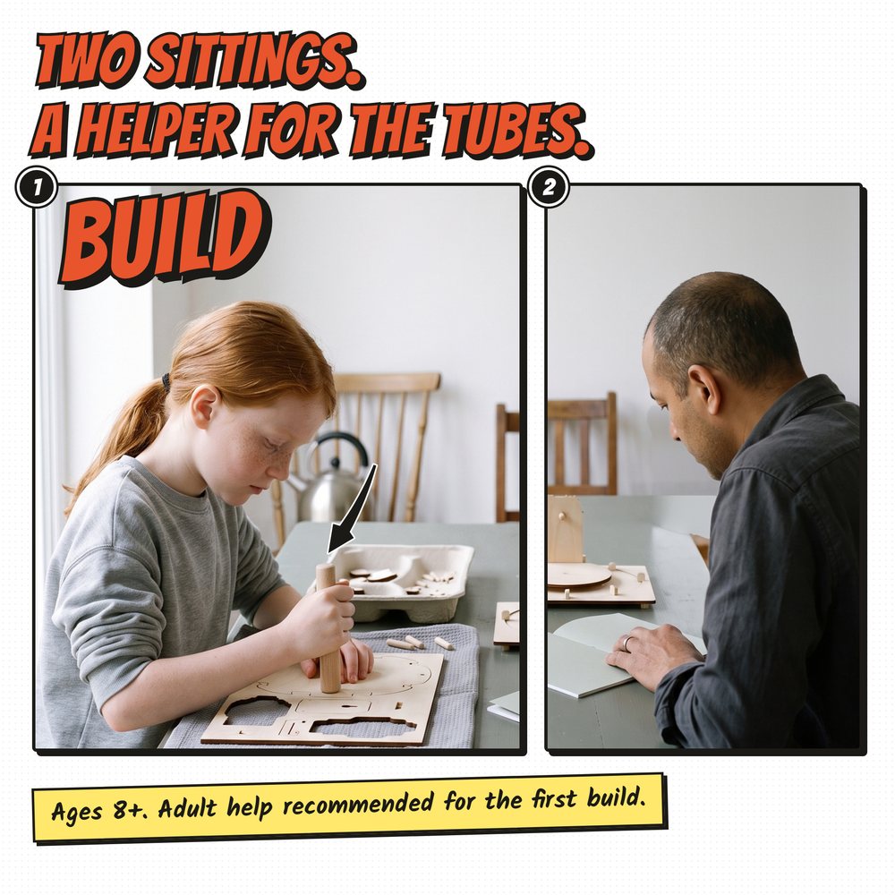AI-generated girl pressing a part out of a plywood sheet; her father reads the booklet at the table