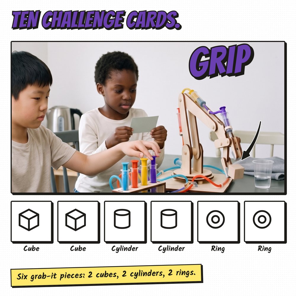 AI-generated children at the table as the Fulcra arm stacks a second cube; lift objects and verdicts
