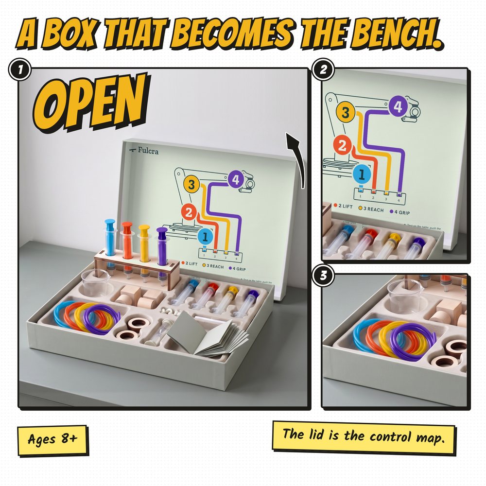 The open Fulcra box: the control map inside the lid, the rack and cup in the tray, booklet and cards