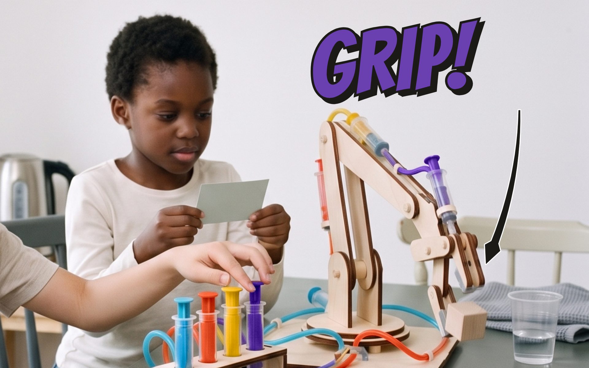 At a kitchen table a child holds a challenge card, another child's fingers rest on the violet plunger, and the wooden Fulcra arm lowers a cube