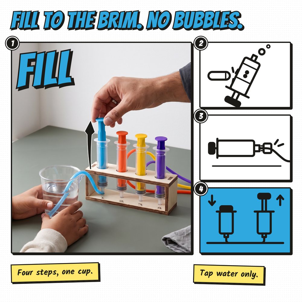 Hands filling a Fulcra water piston in its rack from the cup, three fill steps drawn
