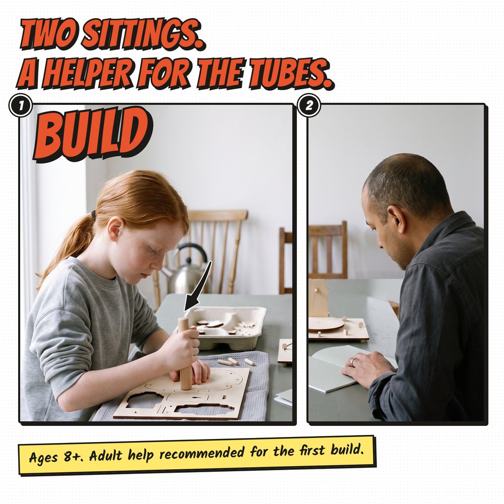 Girl pressing a part out of a plywood sheet; her father reads the booklet at the table