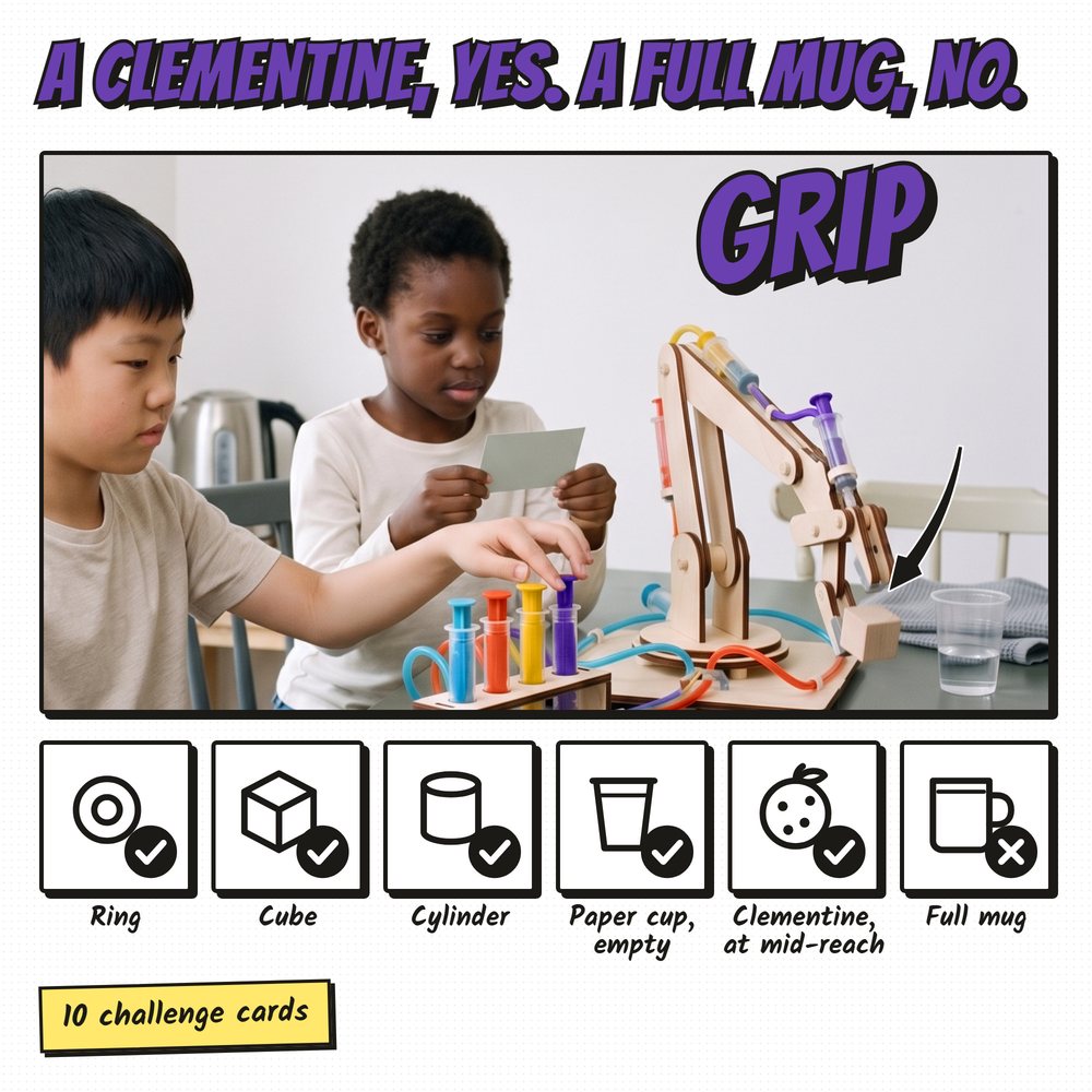 Children at the table as the Fulcra arm stacks a second cube; lift objects and verdicts