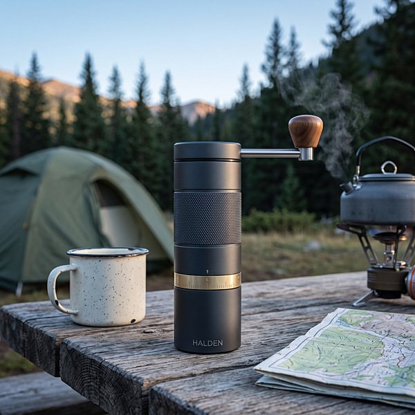 Halden One on a wooden camp table with an enamel mug and a small stove