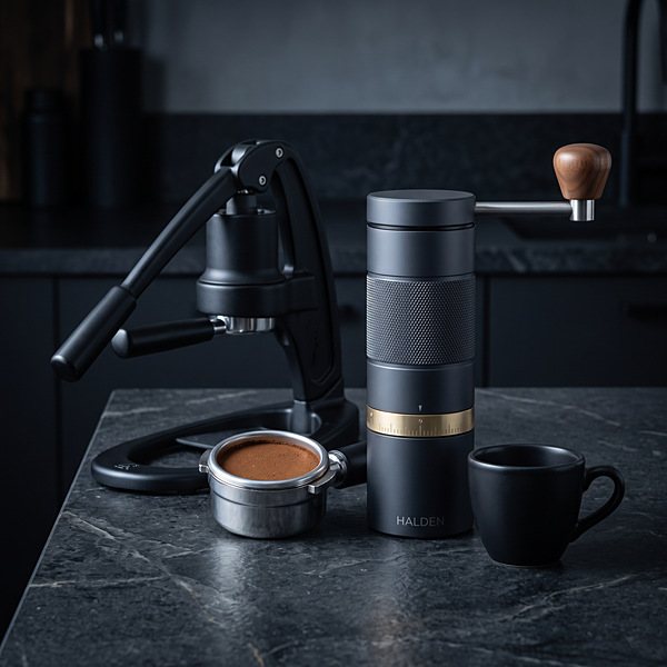 Halden One beside a compact lever espresso maker with a filled portafilter