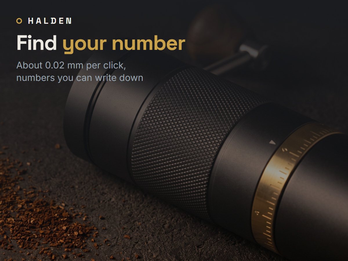 Brass dial of the Halden One lying on dark concrete with a grind scale from espresso to French press