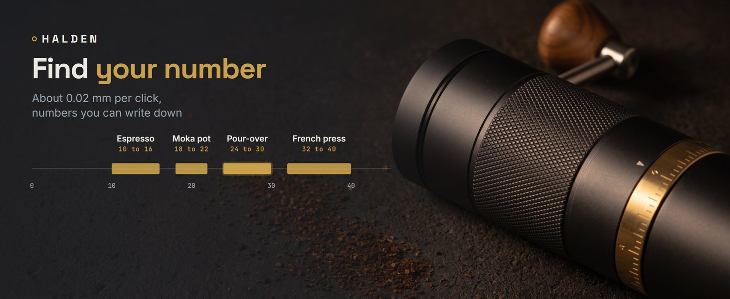 Brass dial of the Halden One lying on dark concrete with a grind scale from espresso to French press
