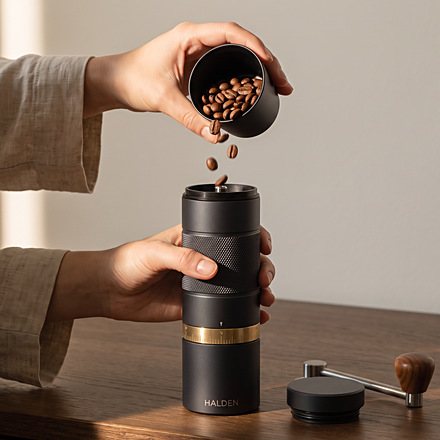 Hands pouring whole beans into the open Halden One
