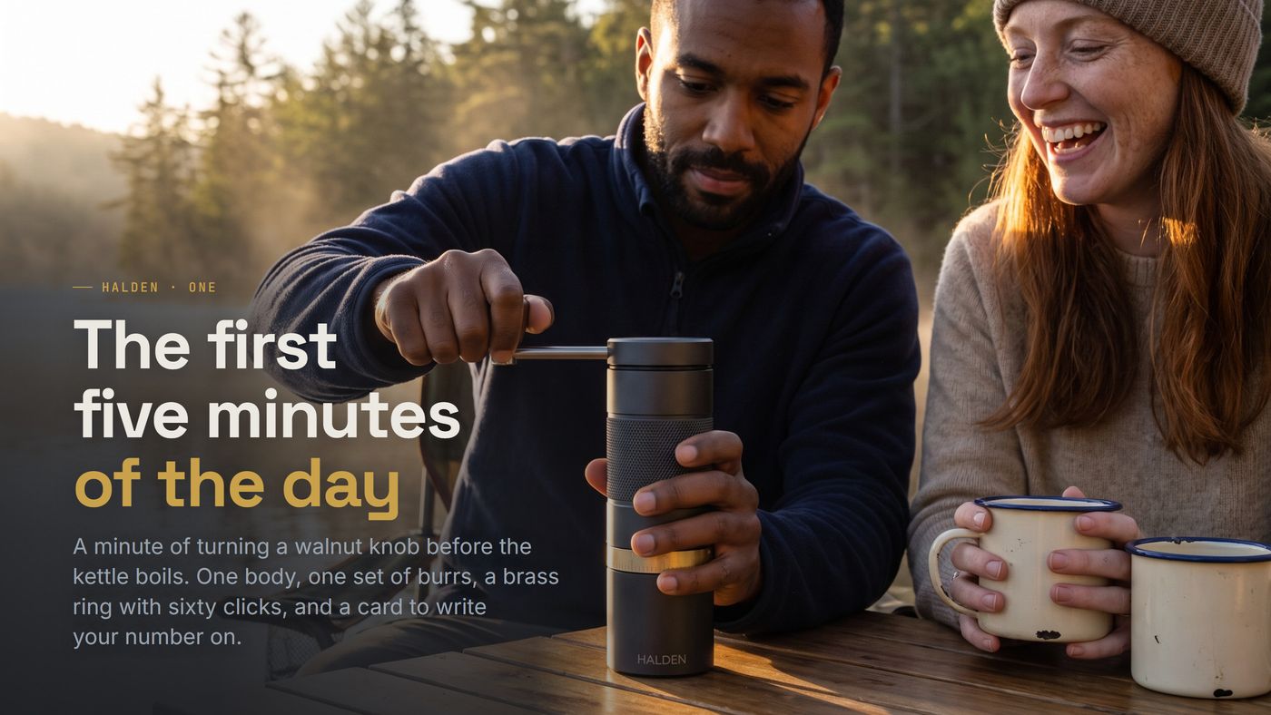 Opening spread: a couple by a lake at dawn with the grinder, headline The first five minutes of the day