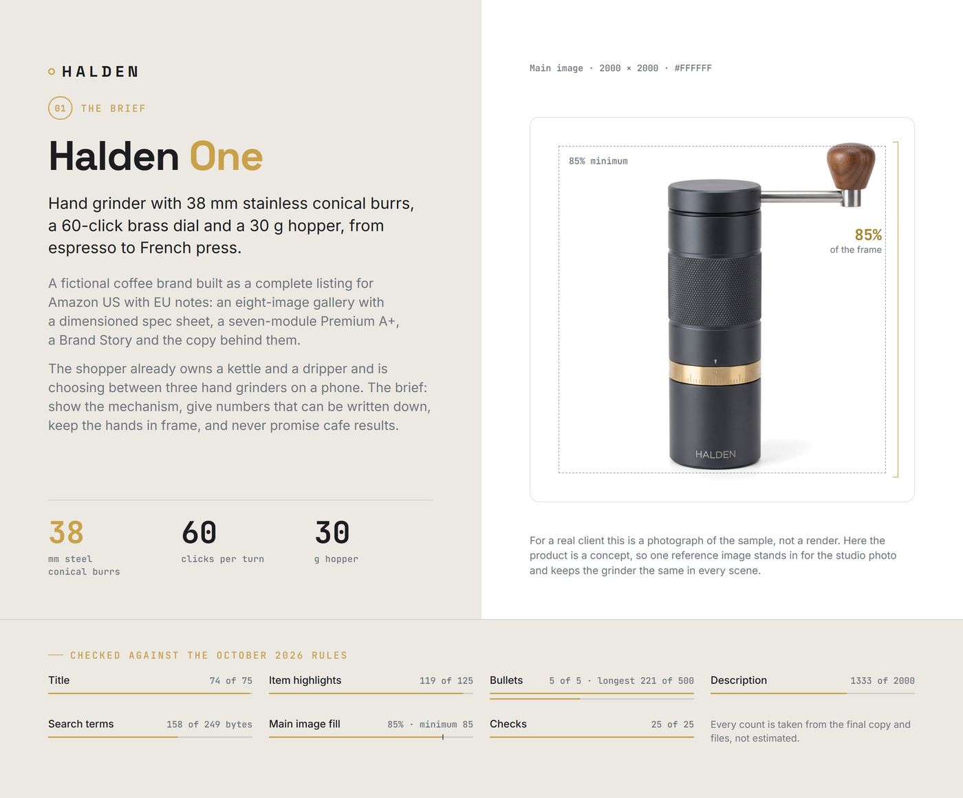 Chapter 01, the brief: the main image with the 85 percent fill guide and the listing limits checked against the October 2026 rules