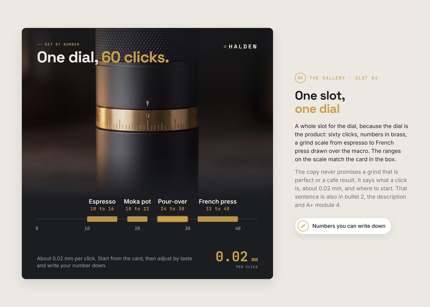 Slot 04 large: the brass ring and the grind scale from espresso to French press