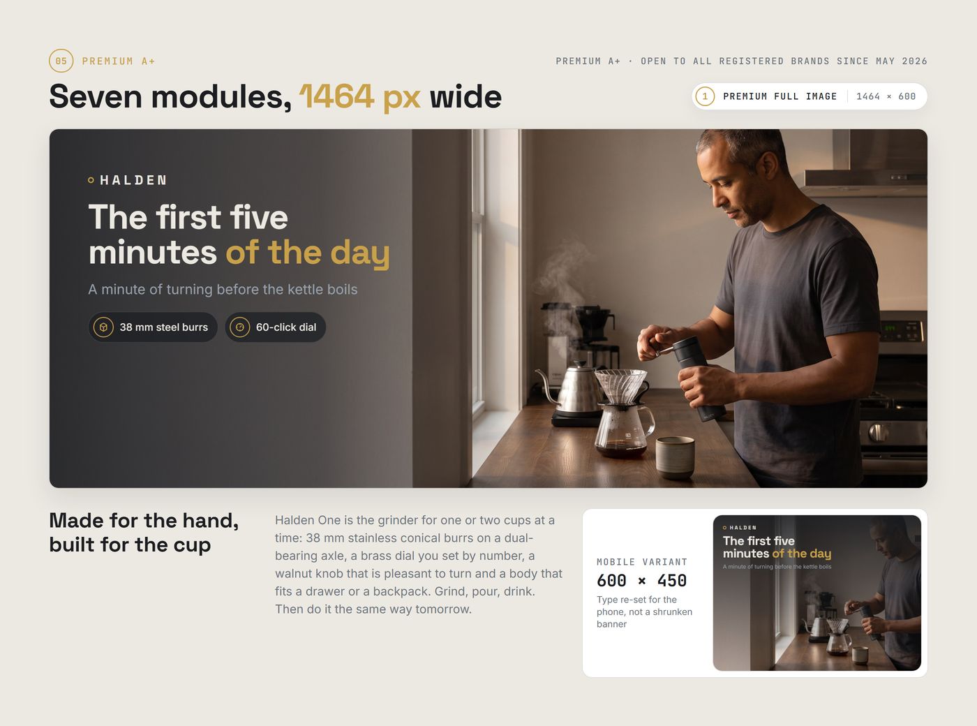 Chapter 05, Premium A+: module 1, a man grinding coffee in a morning kitchen, the full-width image with its mobile variant