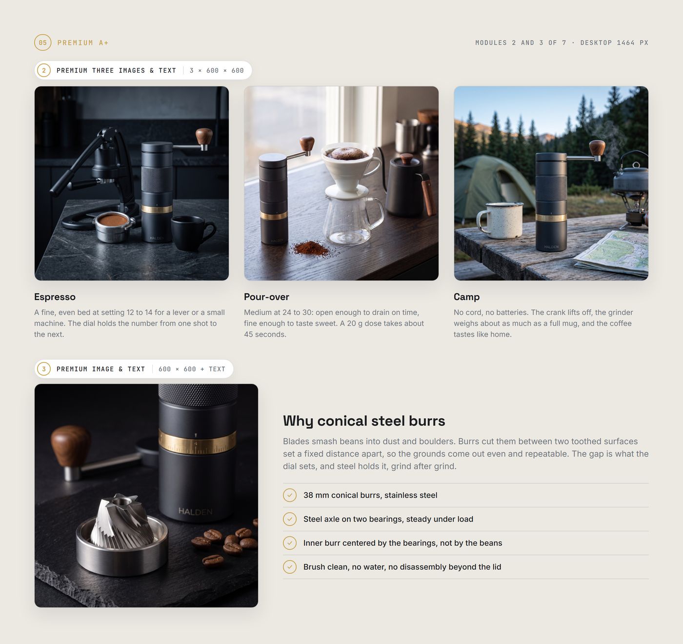 Premium A+ modules 2 and 3: three ways to brew, and the burrs up close