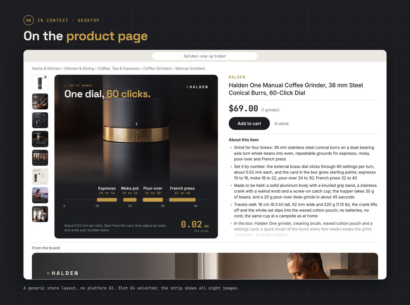 Chapter 08, on the product page: a neutral store layout on desktop