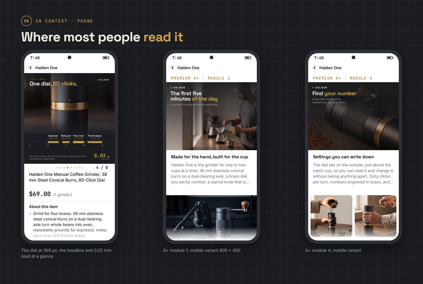 On the phone: three screens, the grind scale and the mobile A+ modules
