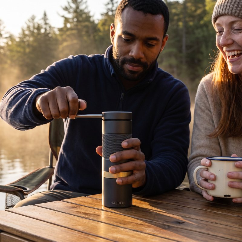 Man grinding coffee with the Halden One at a lakeside camp table