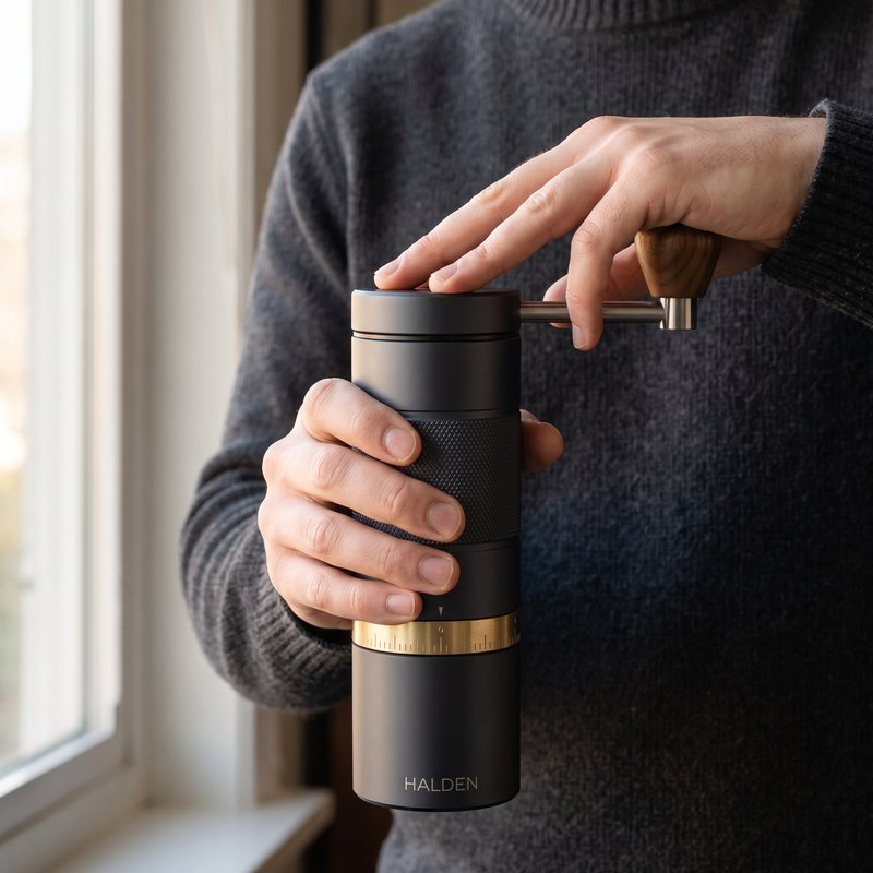 Person holding the Halden One by the knurled band, hand on the lid